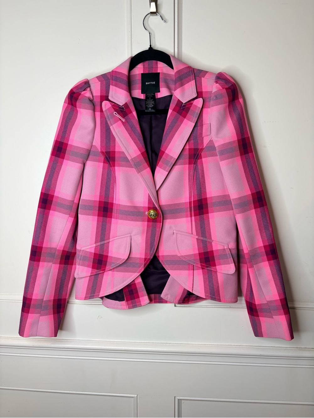 Smythe Pink Plaid Puff-Shoulder Tailored Blazer